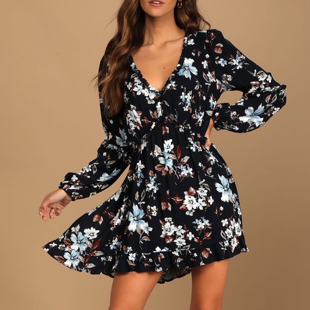 Lovely Blooms Navy Blue Floral Print Long Sleeve Babydoll Dress